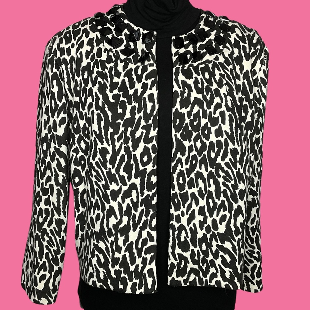 Jessica Howard Leopard Animal Print Jacket with Jeweled Collar - Size 14W